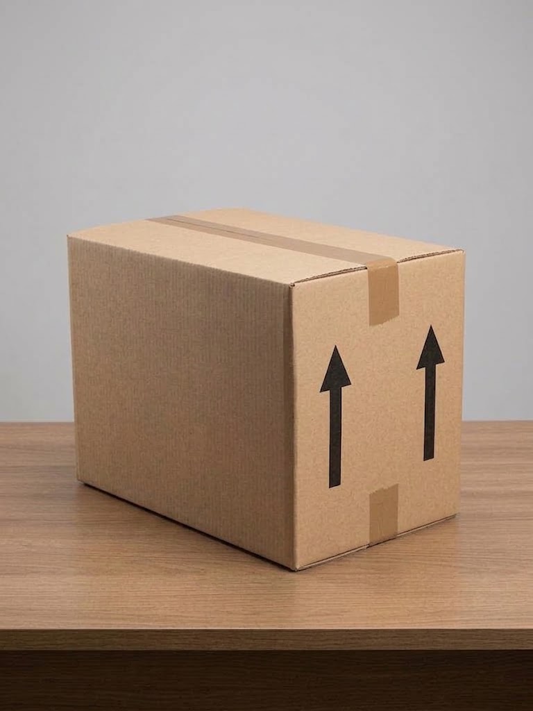 Caixa de papelão ondulado pronta, com simbologia de manuseio impressa